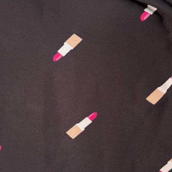 Black Sheer Button Up Blouse with Pink Lipstick Print Flowy Sleeve Trendy Top - Picture 4 of 5